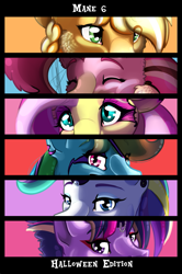 Size: 961x1450 | Tagged: safe, artist:rimmi1357, derpibooru import, applejack, fluttershy, pinkie pie, rainbow dash, rarity, twilight sparkle, twilight sparkle (alicorn), alicorn, earth pony, pegasus, pony, unicorn, clothes, costume, eye, eyes, halloween, holiday, mane six, poster