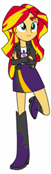 Size: 378x1280 | Tagged: safe, artist:blondenobody, artist:givralix, fleur-de-lis, sunset shimmer, equestria girls, 3rd street saints, alternate costumes, boots, clothes, crossed arms, description is relevant, high heel boots, high heels, jacket, leaning, leather jacket, saints row, simple background, skirt, solo