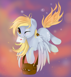 Size: 2200x2400 | Tagged: safe, artist:fikakorv, derpy hooves, pegasus, pony, bag, cute, derpabetes, female, flying, letter, mail, mare, mouth hold, solo, wink