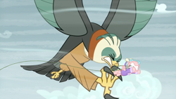 Size: 1920x1080 | Tagged: safe, screencap, cozy glow, queen chrysalis, bird, changeling, changeling queen, pegasus, pony, roc, frenemies (episode), disguise, disguised changeling, fastball special, female, filly