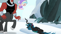 Size: 1920x1080 | Tagged: safe, screencap, cozy glow, lord tirek, queen chrysalis, changeling, changeling queen, pegasus, pony, frenemies (episode), clothes, female, filly, hat, on back, snow, sweater