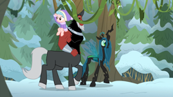 Size: 1920x1080 | Tagged: safe, screencap, cozy glow, lord tirek, queen chrysalis, changeling, changeling queen, pegasus, pony, frenemies (episode), clothes, female, filly, hat, riding, snow, sweater