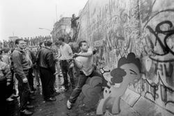 Size: 1200x800 | Tagged: safe, artist:davca, gummy, pinkie pie, human, berlin, berlin wall, black and white, germany, grayscale, irl, irl human, photo, ponies in real life