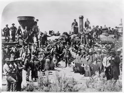 Size: 2145x1625 | Tagged: safe, artist:davca, fluttershy, little strongheart, pinkie pie, sheriff silverstar, human, black and white, grayscale, irl, irl human, locomotive, photo, ponies in real life, saloon pinkie, train, transcontinental railroad