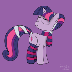 Size: 1280x1280 | Tagged: safe, artist:squeezle, derpibooru import, twilight sparkle, unicorn twilight, unicorn, alternate hairstyle, clothes, hair bun, scarf, smiling, socks, solo, stockings, striped socks, tail wrap