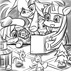 Size: 1000x1000 | Tagged: safe, artist:sonicdramon, derpibooru import, applejack, fluttershy, rainbow dash, twilight sparkle, twilight sparkle (alicorn), alicorn, earth pony, pegasus, pony, dice, female, mare, monochrome, roleplaying