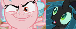 Size: 1300x500 | Tagged: safe, edit, edited screencap, screencap, cozy glow, queen chrysalis, changeling, changeling queen, pegasus, pony, frenemies (episode), close-up, duo, extreme close up, female, filly