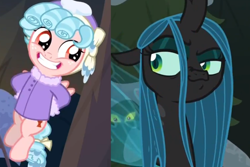 Size: 1200x800 | Tagged: safe, edit, edited screencap, screencap, cozy glow, queen chrysalis, changeling, changeling queen, pegasus, pony, frenemies (episode), cozybetes, cropped, cute, female, filly, smiling