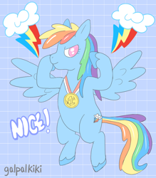 Size: 700x800 | Tagged: safe, artist:galpalkiki, derpibooru import, rainbow dash, pegasus, pony, medal, pose, signature, solo