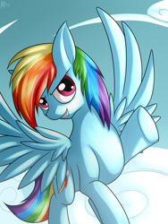 Size: 1024x1365 | Tagged: safe, artist:heart-of-a-dragoness, derpibooru import, rainbow dash, pegasus, pony, cloud, flying, grin, smiling, solo, spread wings, wings