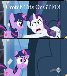 Size: 1280x1440 | Tagged: safe, derpibooru import, edit, edited screencap, screencap, rarity, twilight sparkle, pony, unicorn, games ponies play, crotchboobs, hub logo, insulting rarity, meme, tits or gtfo