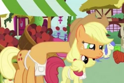 Size: 960x640 | Tagged: safe, apple bloom, applejack, earth pony, pony, nope.avi, short circuit, spider-man, wat