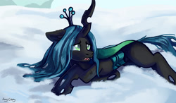 Size: 3000x1746 | Tagged: safe, artist:amy-gamy, queen chrysalis, changeling, changeling queen, frenemies (episode), drained, female, open mouth, prone, scene interpretation, scuff mark, signature, snow, solo