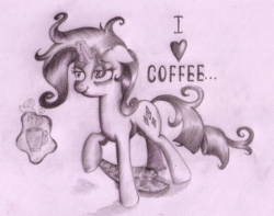 Size: 500x394 | Tagged: safe, artist:inky-draws, rarity, pony, unicorn, animated, bed mane, coffee, heart, solo