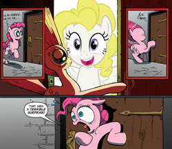 Size: 945x821 | Tagged: safe, idw, pinkie pie, surprise, earth pony, pony, exploitable meme, meme, pun, surprise door