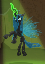 Size: 558x797 | Tagged: safe, screencap, queen chrysalis, changeling, changeling queen, frenemies (episode), cropped, female, flying, glowing horn, horn, solo, spotlight