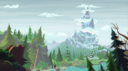 Size: 2100x1180 | Tagged: safe, screencap, cozy glow, lord tirek, queen chrysalis, changeling, changeling queen, pegasus, pony, frenemies (episode), cloud, forest, mount everhoof, mountain, peak, pine tree, scenery, tree, wilderness