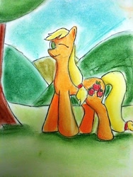 Size: 768x1024 | Tagged: artist needed, safe, applejack, earth pony, pony, solo, traditional art, wink