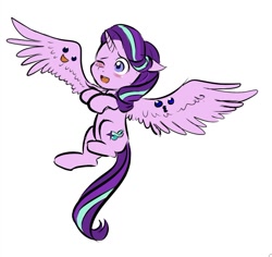 Size: 574x543 | Tagged: safe, artist:kiwi, starlight glimmer, alicorn, pony, alicornified, blushing, context is for the weak, female, floppy ears, flying, living wings, mare, one eye closed, race swap, simple background, starlicorn, wat, white background, wings, xk-class end-of-the-world scenario