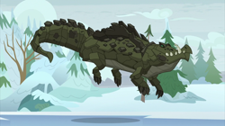 Size: 2100x1180 | Tagged: safe, screencap, queen chrysalis, changeling, changeling queen, cragadile, crocodile, frenemies (episode), disguise, disguised changeling, female, former queen chrysalis, ice, midair, snow, solo
