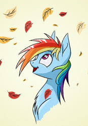 Size: 2008x2888 | Tagged: safe, artist:akweer, derpibooru import, rainbow dash, pegasus, pony, autumn, chest fluff, female, leaves, looking up, mare, multicolored hair, smiling, solo