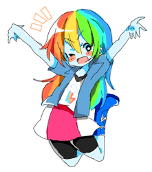 Size: 394x445 | Tagged: safe, artist:lotte, derpibooru import, rainbow dash, equestria girls, blush sticker, blushing, cropped, cute, dashabetes, jumping, one eye closed, wink