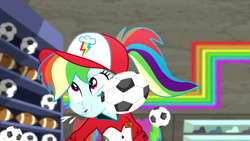 Size: 1920x1080 | Tagged: safe, derpibooru import, screencap, rainbow dash, epic fails (equestria girls), eqg summertime shorts, equestria girls, ball, cap, dashabuse, faic, female, football, hat, ouch, ponytail, solo, sports