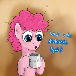 Size: 1600x1600 | Tagged: safe, artist:brainedbysaucepans, pinkie pie, earth pony, pony, coffee, cup, dialogue, filly, pinkie found the coffee, solo, xk-class end-of-the-world scenario