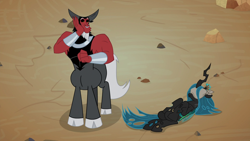 Size: 1920x1080 | Tagged: safe, screencap, lord tirek, queen chrysalis, centaur, changeling, changeling queen, frenemies (episode), better way to be bad, blindfold, bracer, cloven hooves, colored hooves, crown, cute, duo, duo male and female, female, frown, hand on cheek, jewelry, male, mare, nose piercing, nose ring, on back, piercing, regalia, standing, tirebetes, trust fall