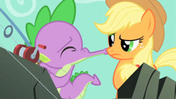 Size: 1280x720 | Tagged: safe, artist:dtkraus, edit, edited screencap, screencap, applejack, spike, dragon, earth pony, pony, a dog and pony show, applespike, eyes closed, female, fishing rod, frown, kissing, male, raised eyebrow, shipping, straight, wat