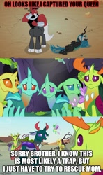 Size: 500x843 | Tagged: safe, edit, edited screencap, screencap, lord tirek, pharynx, queen chrysalis, thorax, centaur, changedling, changeling, changeling queen, frenemies (episode), to change a changeling, caption, cloven hooves, female, image macro, king thorax, male, prince pharynx, text
