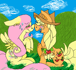 Size: 381x354 | Tagged: safe, artist:phytops, applejack, fluttershy, earth pony, pegasus, pony, appleshy, blush sticker, blushing, female, lesbian, shipping