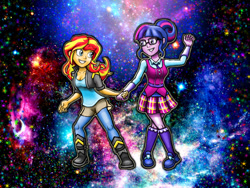 Size: 1024x768 | Tagged: safe, artist:mentalmongloid, sci-twi, sunset shimmer, twilight sparkle, dance magic, equestria girls, friendship games, spoiler:eqg specials, dancing, female, galaxy, holding hands, lesbian, scitwishimmer, shipping, smiling, sparkles, sunsetsparkle, zettai ryouiki