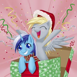 Size: 800x800 | Tagged: safe, artist:dstears, derpy hooves, minuette, pegasus, pony, clothes, female, mare, pony in a box, scarf