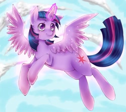 Size: 900x808 | Tagged: safe, artist:kalsmi, derpibooru import, twilight sparkle, twilight sparkle (alicorn), alicorn, pony, female, flying, mare, sky, solo, spread wings, wings