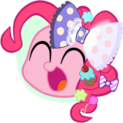 Size: 512x512 | Tagged: safe, artist:momo, pinkie pie, earth pony, pony, askharajukupinkiepie, balloon, bow, cupcake, cute, diapinkes, eyes closed, food, hairclip, happy, harajuku, head only, ribbon, solo