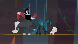 Size: 1920x1080 | Tagged: safe, screencap, cozy glow, lord tirek, queen chrysalis, centaur, changeling, changeling queen, pegasus, pony, frenemies (episode), better way to be bad, bow, cloven hooves, female, filly, foal, hair bow, losers club, male, nose piercing, nose ring, piercing, rope, tightrope, trio