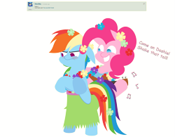 Size: 3041x2366 | Tagged: safe, artist:zacatron94, derpibooru import, pinkie pie, rainbow dash, earth pony, pegasus, pony, clothes, grass skirt, hula, huladash, hulapie, lei, skirt