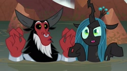Size: 1920x1080 | Tagged: safe, screencap, lord tirek, queen chrysalis, centaur, changeling, changeling queen, frenemies (episode), air quotes, bracer, cute, cutealis, duo, duo male and female, female, implying, male, mare, nose piercing, nose ring, piercing, tirebetes, water