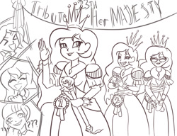 Size: 910x700 | Tagged: safe, artist:kul, princess celestia, princess luna, principal celestia, queen chrysalis, sunset shimmer, changeling, changeling queen, equestria girls, alternate universe, clothes, competition, confused nick young, coronation dress, costume, dress, equestria girls-ified, sketch