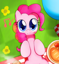 Size: 1200x1300 | Tagged: safe, artist:hoyeechun, pinkie pie, earth pony, pony, balloon, cute, diapinkes, female, flower, looking at you, mare, music notes, on back, picnic, picnic blanket, solo