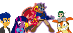 Size: 1024x469 | Tagged: safe, artist:conikiblasu-fan, flash sentry, sunset shimmer, twilight sparkle, equestria girls, crossover, crossover shipping, dark jak, daxter, jak, jak and daxter, keira hagai, shipping, tara strong, voice actor joke