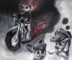 Size: 962x800 | Tagged: safe, artist:obsequiosity, apple bloom, applejack, earth pony, pony, crossover, ghost rider, motorcycle