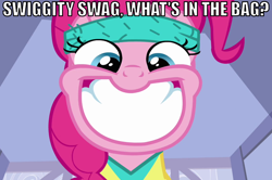 Size: 902x600 | Tagged: safe, edit, edited screencap, screencap, pinkie pie, earth pony, pony, a friend in deed, creepy, creepy smile, ed edd n eddy, image macro, looking at you, over your ed, smiling, solo, swag, swiggity swag