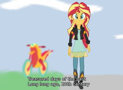 Size: 845x615 | Tagged: safe, artist:zharkaer, derpibooru exclusive, sunset shimmer, human, equestria girls, kamen rider, kamen rider black, motorcycle, solo, subtitles