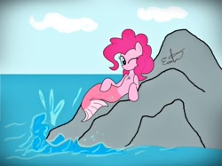 Size: 1024x766 | Tagged: safe, artist:estevangel, pinkie pie, mermaid, merpony, ocean, rock, solo