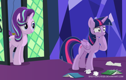 Size: 3097x1973 | Tagged: safe, artist:shutterflyeqd, starlight glimmer, twilight sparkle, twilight sparkle (alicorn), alicorn, pony, unicorn, book, confused, hoof on chin, nervous, paper, paper ball, shocked, sweat, sweating profusely, twilight's castle