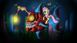 Size: 3000x1687 | Tagged: safe, artist:malamol, fluttershy, angler fish, fish, pegasus, pony, scuba, underwater, watershy