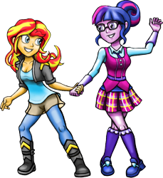 Size: 558x609 | Tagged: safe, artist:mentalmongloid, sci-twi, sunset shimmer, twilight sparkle, dance magic, equestria girls, friendship games, spoiler:eqg specials, clothes, crystal prep academy uniform, dancing, female, friendshipping, holding hands, lesbian, school uniform, scitwishimmer, shipping, simple background, smiling, sunsetsparkle, transparent background