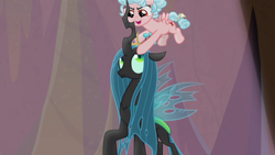 Size: 1920x1080 | Tagged: safe, screencap, cozy glow, queen chrysalis, changeling, changeling queen, pegasus, pony, frenemies (episode), better way to be bad, crown, duo, female, filly, foal, jewelry, regalia, spotlight